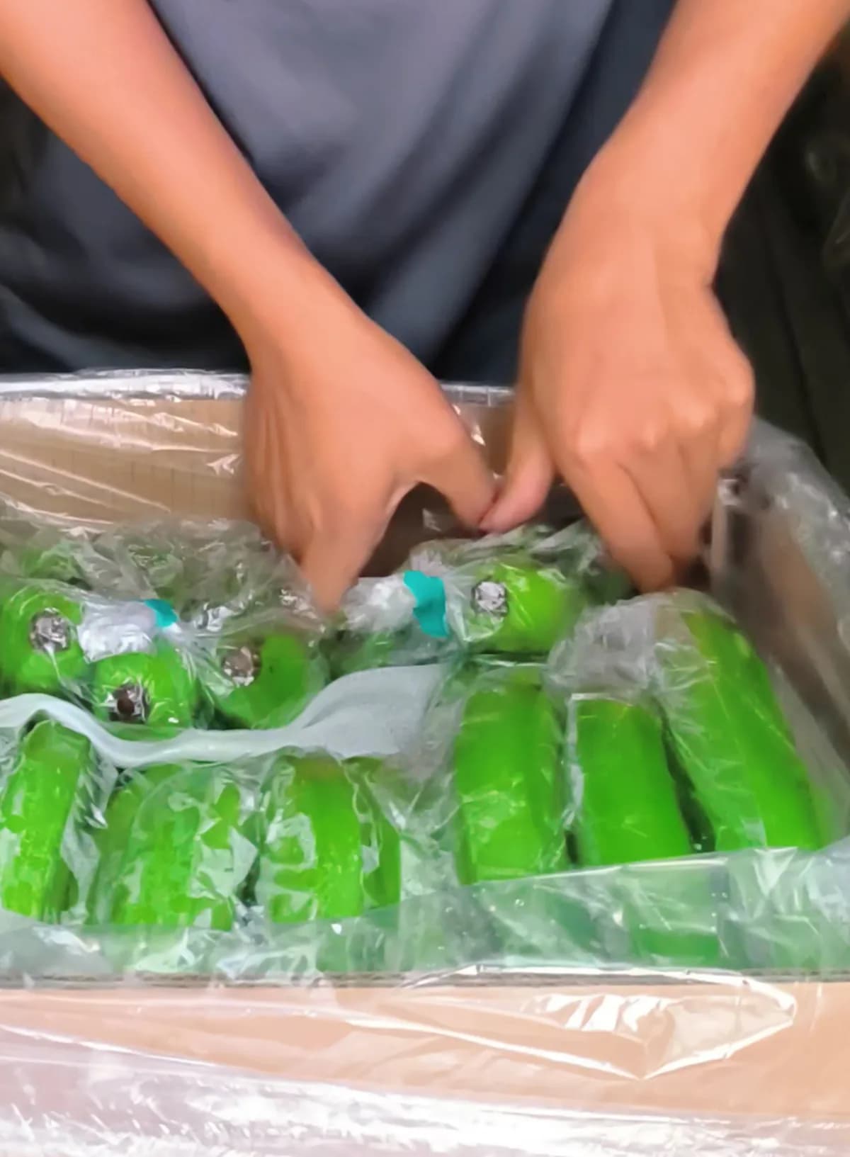 Các nải chuối bọc túi xếp trong thùng lót nilon